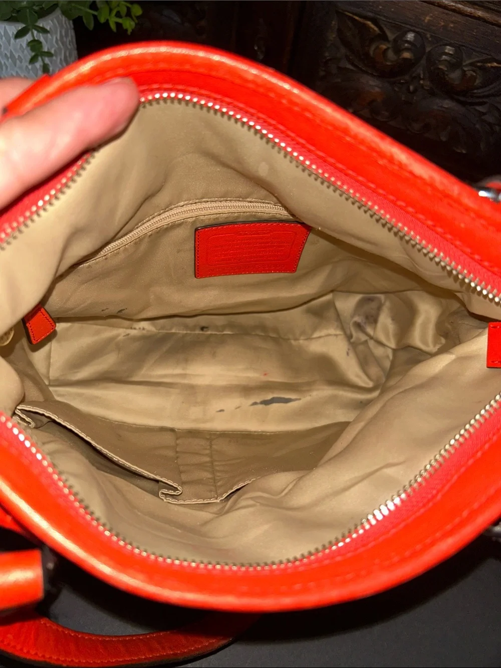 Coach Orange-Red Leather Shoulder Tote with Front Zip Pocket